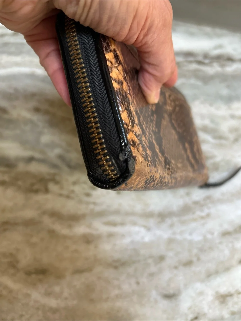 Kate Spade Snakeskin Embossed Leather Metallic Zip Large Wallet in Tan/Black